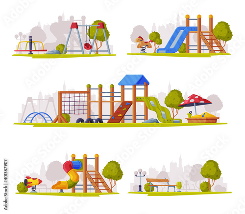 Outdoor Playground as Urban Summer Public Area for Playing Vector Set