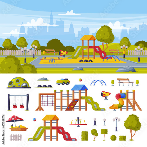 Colorful Cityscape with Kids Playground as Urban Summer Public Area for Playing and Equipment Vector Set