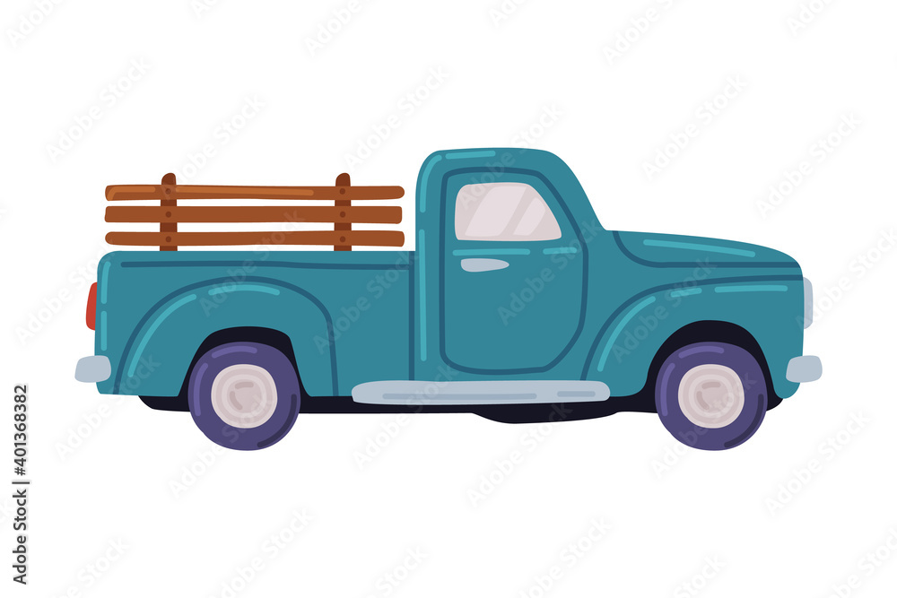 Blue Pickup, Agricultural Transport Cartoon Style Vector Illustration