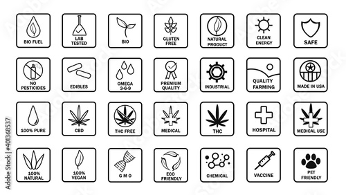 Large Set of CBD oil icons. Best popular food product stamp. Simple design, premium quality, pure, natural, no pesticides, organic, eco, gluten free, pet friendly. 