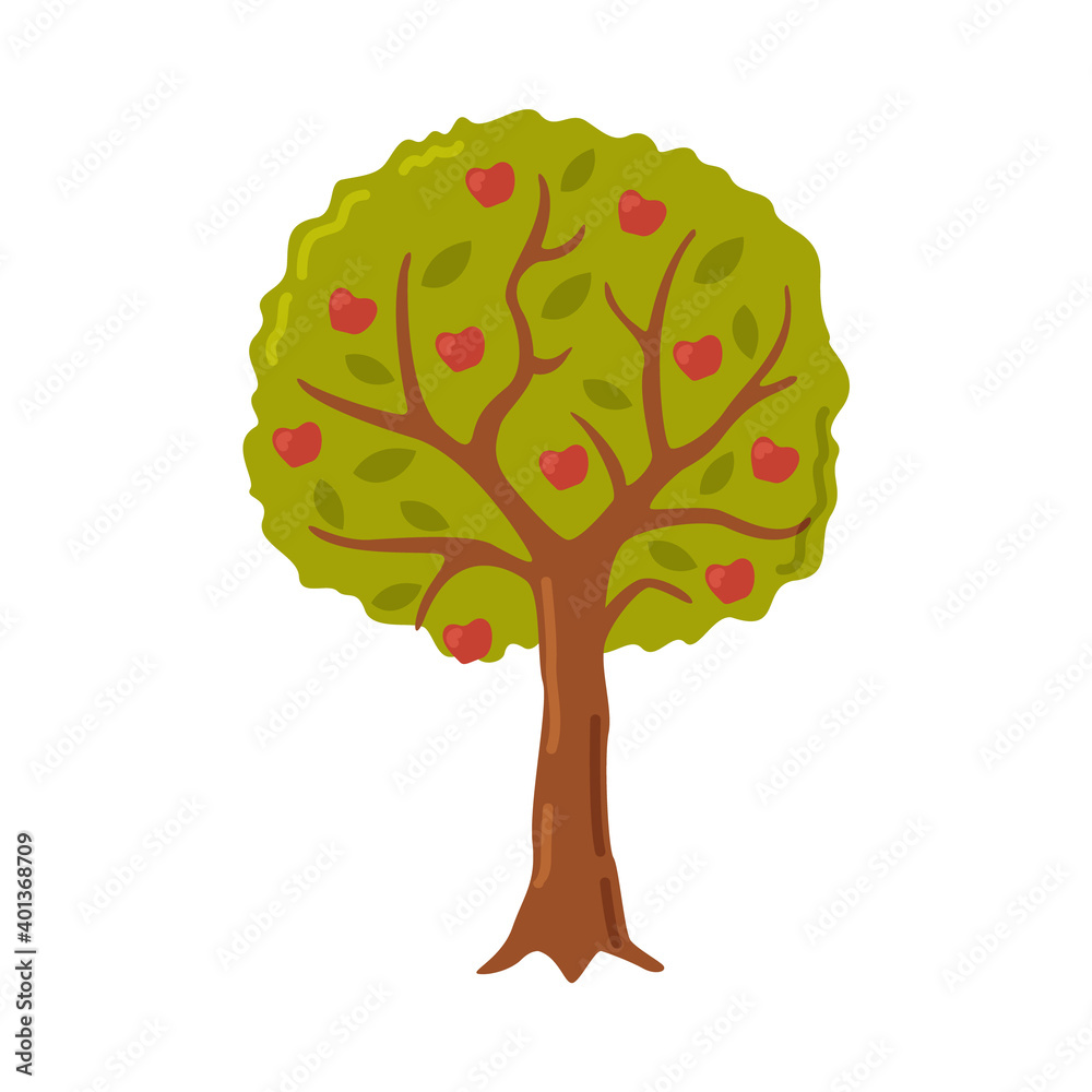 Garden Fruit Tree with Red Apples Cartoon Style Vector Illustration - obrazy, fototapety, plakaty 
