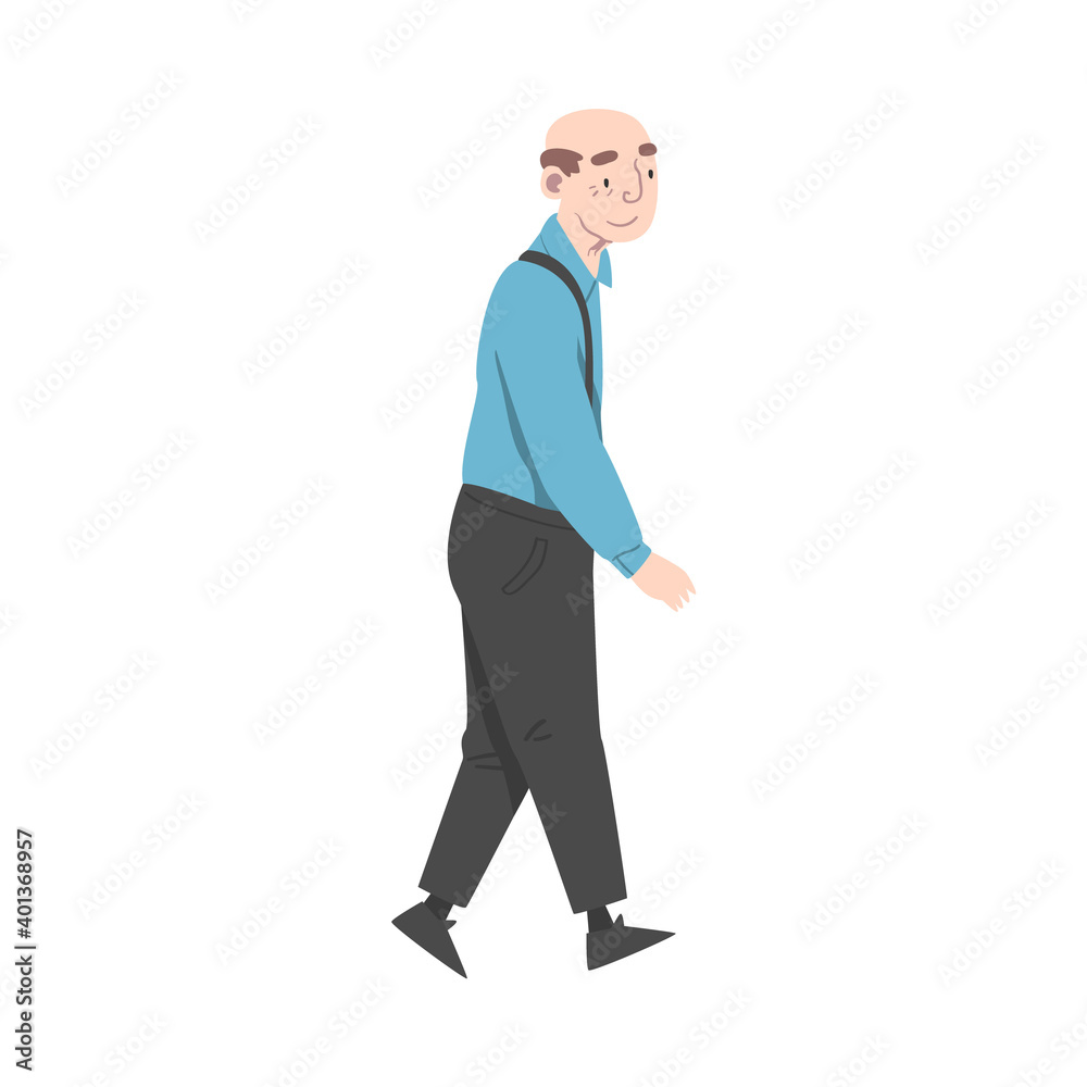 Walking Senior Man, Cheerful Active Retired Elderly Man Character Cartoon Style Vector Illustration