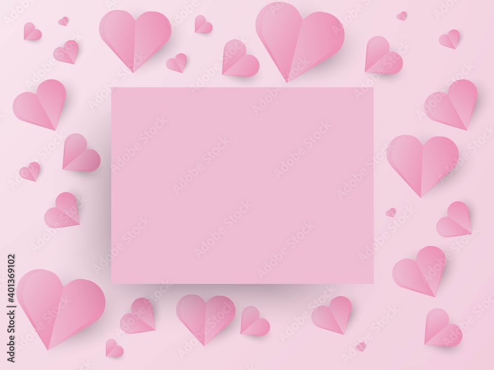 Happy valentines day greetings card with paper cut pink hearts