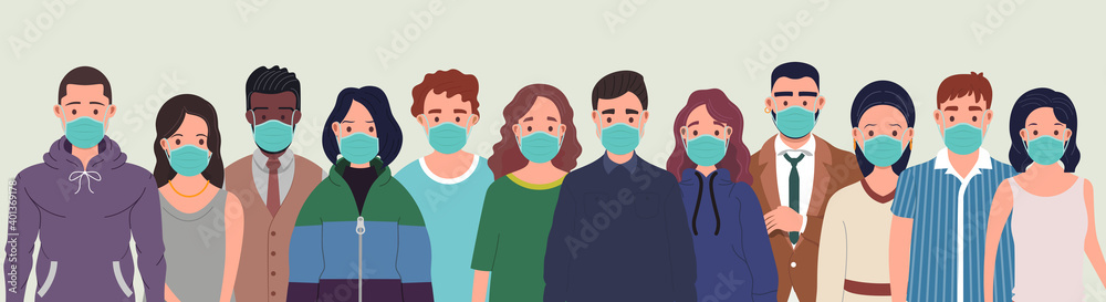Group of people wearing protective medical masks for protection from virus. Prevention and safety procedures concept. Flat style illustration Group of people wearing protective medical masks for protection from virus. Prevention and safety procedures concept. Flat style illustration
