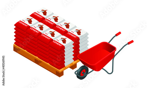 Isometric vector red wheelbarrow and cement bags illustration isolated on white background. Metal wheelbarrow and cement bags on a wooden pallet colorful vector icon. Building materials and equipment.
