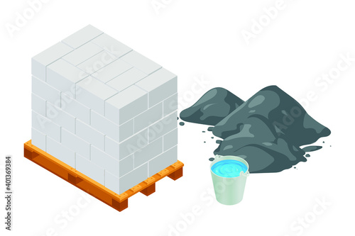 Isometric vector illustration concrete blocks and cement pile isolated on white background. Cinder blocks on wooden pallet colorful vector icon. Concrete brick in flat cartoon style. Building material