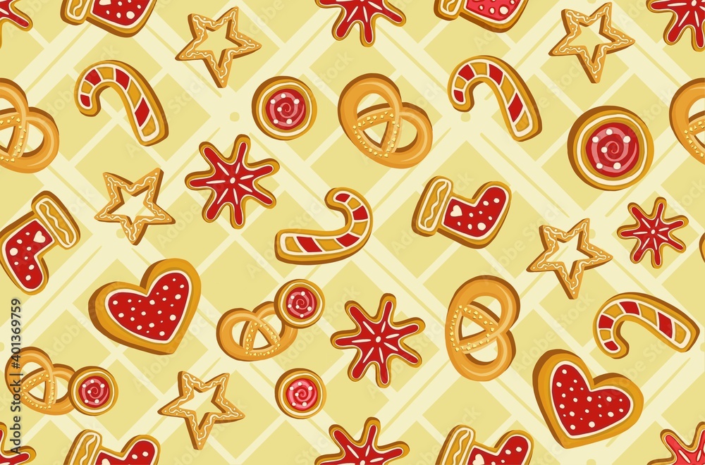 Winter seamless patterns with gingerbread cookies. Awesome holiday  background. Christmas repeating texture for surface design, wallpapers,  fabrics, wrapping paper etc. Vector illustration Stock Vector | Adobe Stock