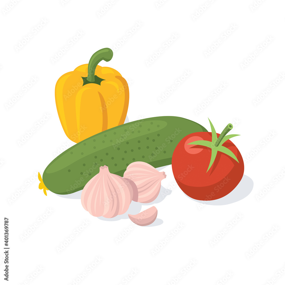 Plakat Bulgarian pepper, cucumber, garlic and tomato. Vector 3d isometric, color web icons set, new flat style.