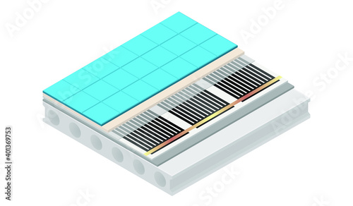 Vector illustration underfloor heating isolated on white background. Technical details of infrared floor heating system under ceramic tiles in flat cartoon style. 3D isometric layers of floor heating.