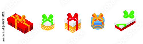 Realistic vector illustration present and gift boxes with ribbon bows isolated on white background. Isometric gift boxes set icons in flat cartoon style. Present boxes with ribbon bow illustration.