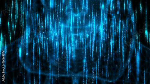 Cybersecurity concept.hacker hacking artificial neural network.String, data flow, information flow