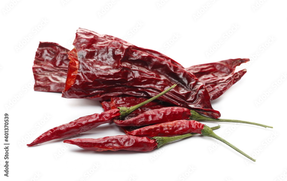 Dried spicy red peppers, dry paprika isolated on white background