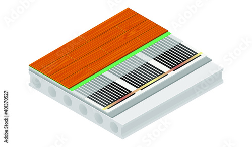 Vector illustration underfloor heating isolated on white background. Technical details of infrared floor heating system under laminate in flat cartoon style. 3D isometric layers of floor heating.