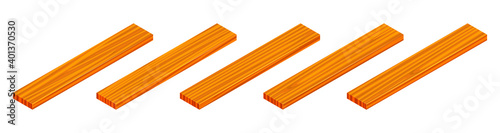Isometric vector illustration rasped wooden timber planks isolated on white background. Realistic laminate planks vector icon in flat cartoon style. Set of wooden boards for construction and floring.
