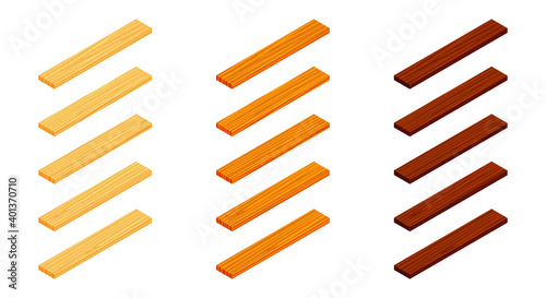 Isometric vector illustration rasped wooden timber planks isolated on white background. Realistic laminate planks vector icon in flat cartoon style. Set of wooden boards for construction and floring.