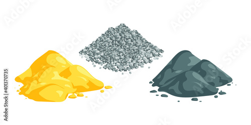 Isometric vector illustration sand, gravel and cement piles isolated on white background. Heaps of building materials vector icons in flat cartoon style. Construction and building materials.