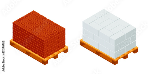 Isometric vector illustration wooden pallet with bricks and concrete blocks isolated on white background. Cinder blocks and red bricks colorful vector icon in flat cartoon style. Construction material