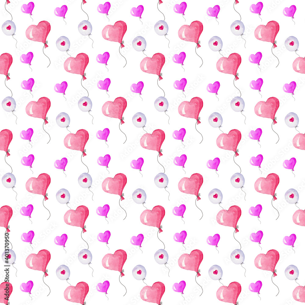 A pattern of pink balloons for Valentine's Day. Watercolor illustration on a white background. Heart. Design for gift wrapping.