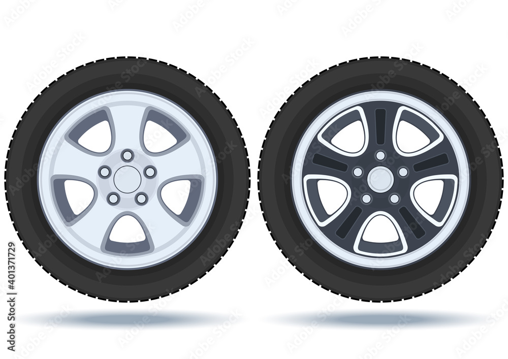Car wheel, set. Realistic design. Vector illustration on a white background. Car wheel, set. Realistic design. Vector illustration on a white background.