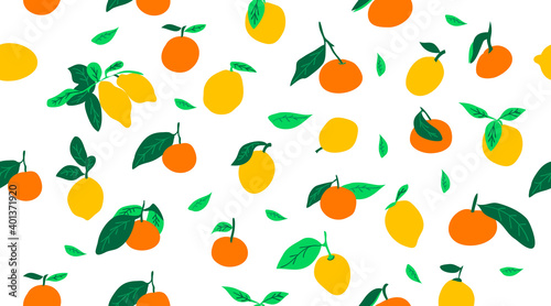 Fototapeta Naklejka Na Ścianę i Meble -  Lemons and oranges seamless pattern. Hand drawn citron objects for textile, , backdrop, wallpaper, background, print, fabric. Flat style.