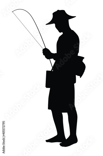 Asian fisherman with fishing pole silhouette vector
