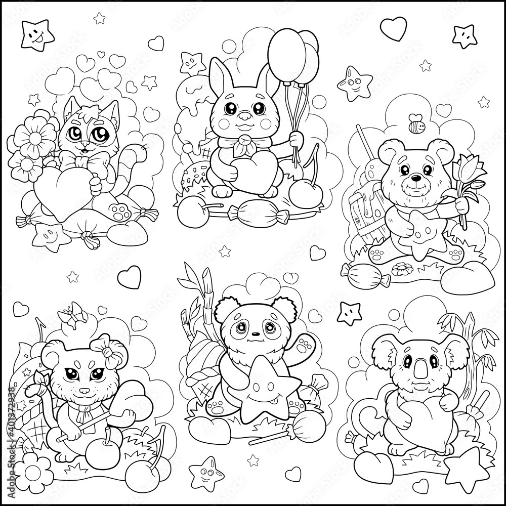 little cute animals, coloring book, funny illustration