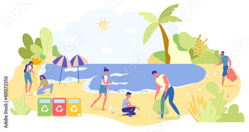 Volunteers Cleaning Sea Beach Collecting Trash