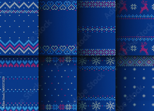 Set of knitted prints. Blue knitted background with New Year's ornament. Crochet. Merry Christmas and Happy New Year. Vector illustration