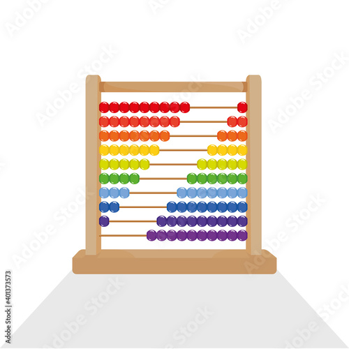 Illustration of an abacus with rainbow colored beads. Abacus logo emblem. Abacus with colorful wooden beads in front of white background. Beads of 1 to 10 colors.