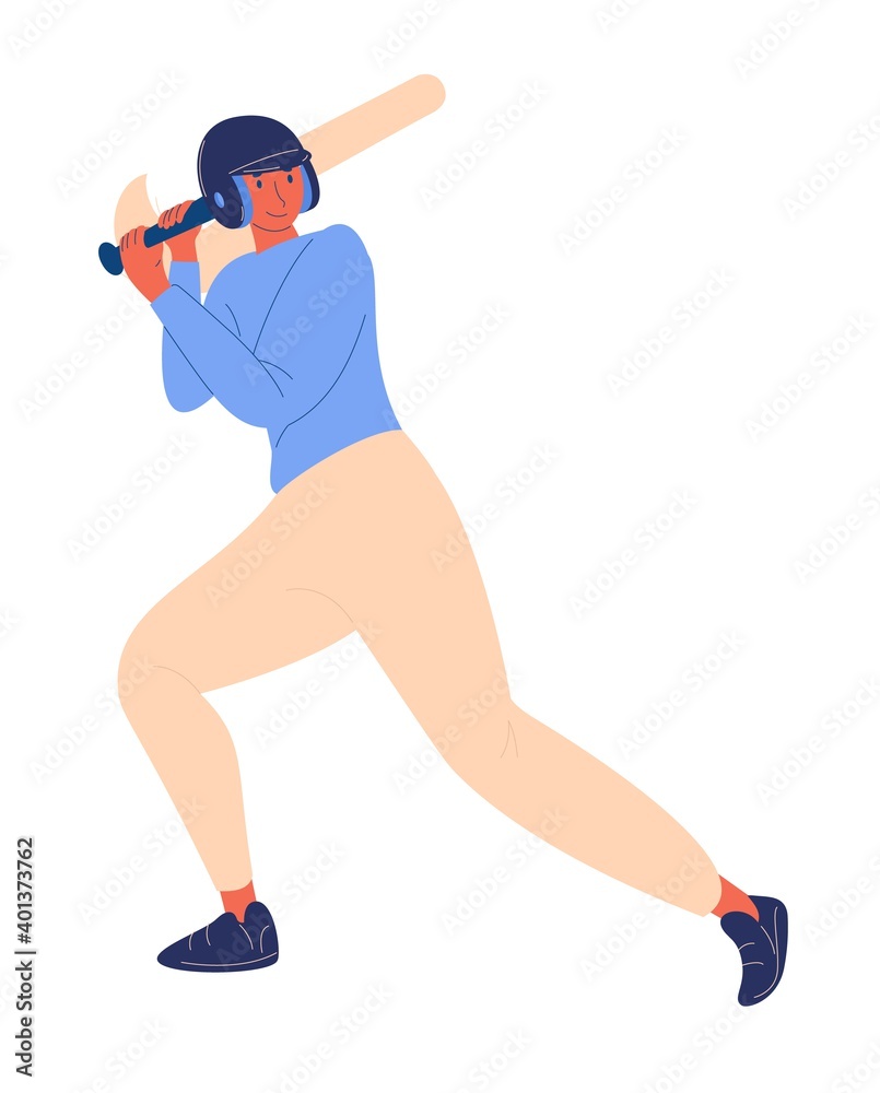 Young woman in helmet with bat in hands ready to hit the ball. Female character smiling, isolated on white, drawn in cartoon style Young woman in helmet with bat in hands ready to hit the ball. Female character smiling, isolated on white, drawn in cartoon style