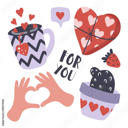Set of presets for valentine's day cards. Cappuccino, cactus, heart. Vector illustration in cartoon style.