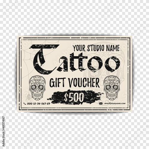 Vintage Tattoo gift voucher. Grunge gift card with sugar rskulls. Template for your tattoo shop.