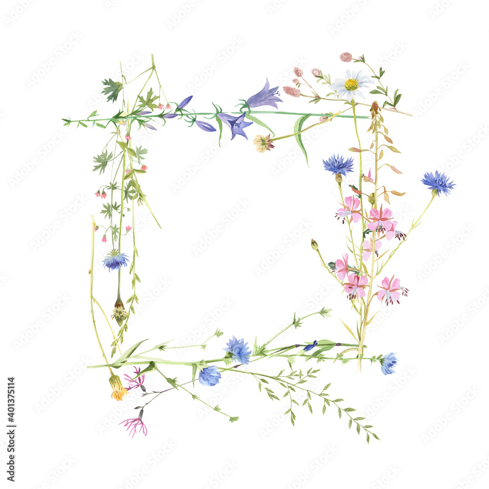 Square frame with watercolor meadow flowers