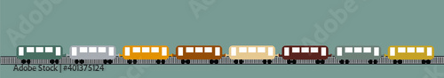 vector train carriages. many wagons of different colors on a gray background