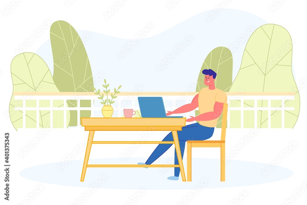 Obraz premium Informative Flyer, Guy Work Internet on Terrace.