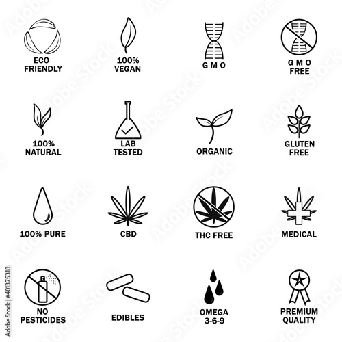 Set of CBD oil icons. New popular icon set. THC free, no gmo, made in USA, bio, vegan, premium quality, lab tested, omega 3-6-9, pure, natural, no pesticides, organic, eco, gluten free, gmp.