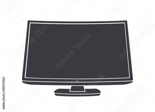 Silhouette of modern digital smart TV with full ultra HD display. Vector illustration. Television box with LCD or LED flatscreen for video translation. Isolated white background