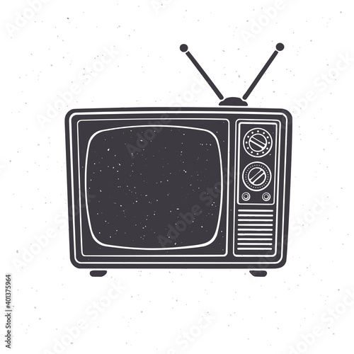 Silhouette of analogue retro TV with antenna, channel and signal selector. Vector illustration.  Television box for news and show translation. Isolated white background