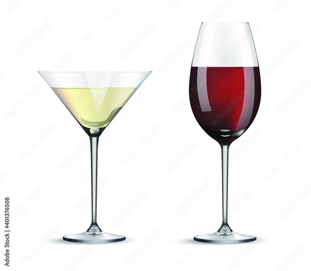 Two glasses for wine and cocktails isolated on white background realistic glasses with carbonated drinks, celebration concept. Vector illustration. Two glasses for wine and cocktails isolated on white background realistic glasses with carbonated drinks, celebration concept. Vector illustration.