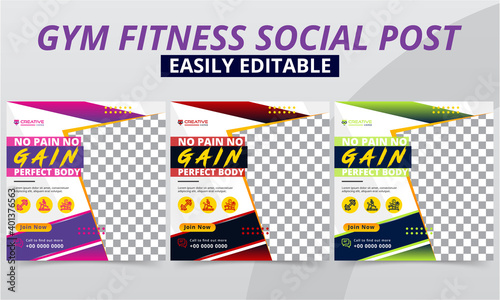 Fitness Gym Social Media Post Set for Workout Studio & Club Header & Offer Ads Templates Design Collection. Modern Geometric Bodybuilding Promo Sports Social Media Post Square Layouts Web Banner.