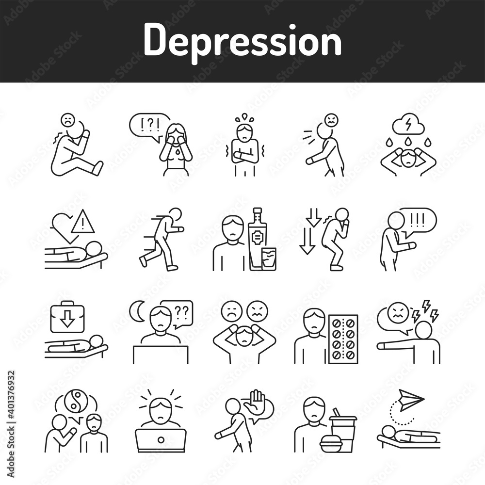 Depression color line icons set. Pictograms for web page, mobile app, promo.