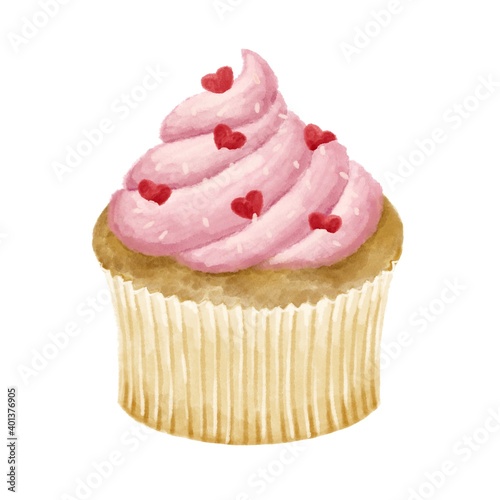 かわいいハートのカップケーキ　水彩風イラスト