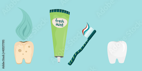 The concept of healthy and clean teeth in cartoon style. Toothpaste and brush between a sick and healthy tooth. Vector illustration..