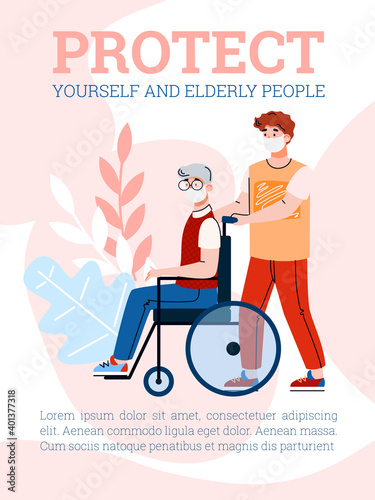 Banner claiming to protect yourself and elderly people in period of epidemic, cartoon vector illustration. Poster with young man and senior disabled person.