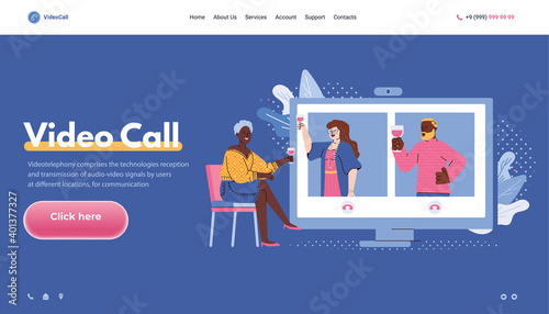 Video call banner concept with people socializing in video chat, flat cartoon vector illustration. Online communication and remote connection computer technology.