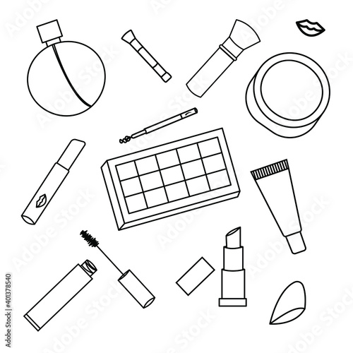 Black and white set of cosmetics. Doodle makeup tools. Icons lipstick, mascara, eye shadow, blush, perfume. Vector illustration.