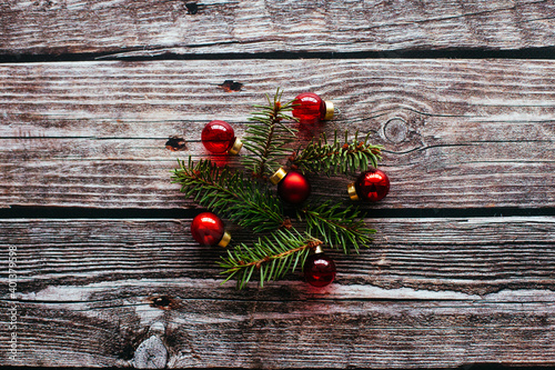 Christmas background. Christmas tree and other decorations. Top view. Winter or New Year concept. Wooden background