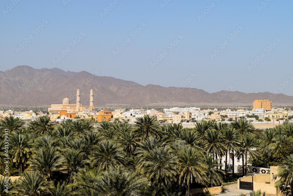 A huge orchard of palm trees, a mosque, mountains and buildings in Nakhal. Picture was taken from inside Nakhal Fort. Oman.