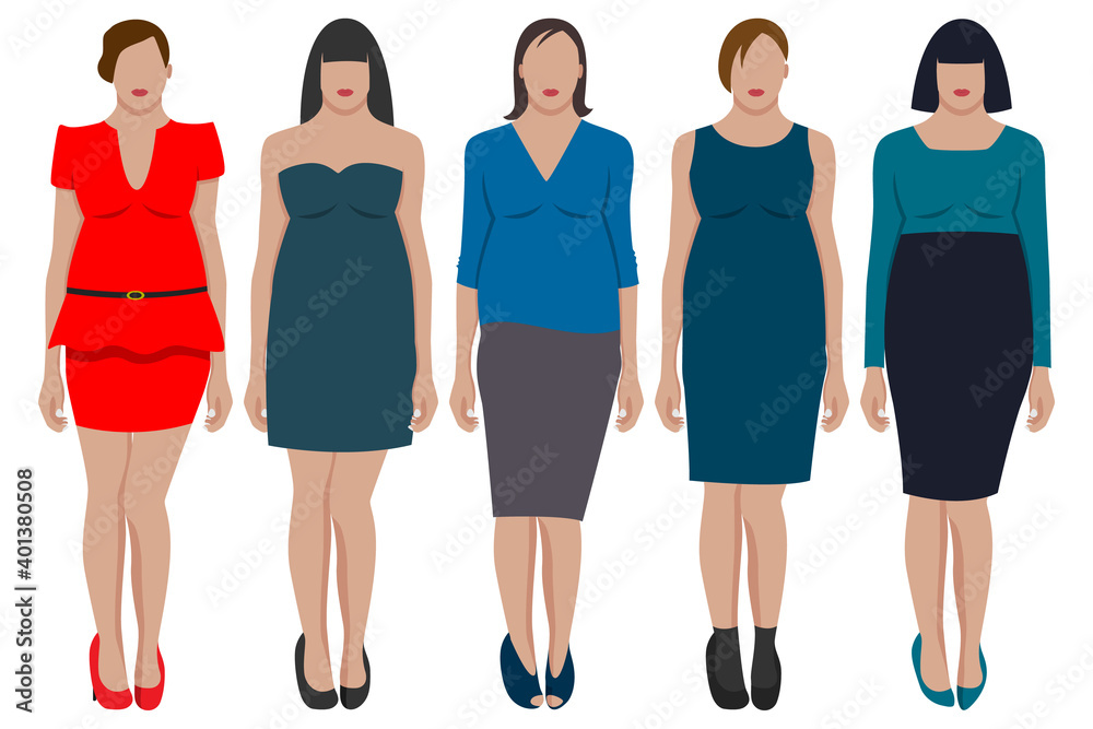 Obraz premium A set of five girls in beautiful clothes of different styles and colors. Body positive.