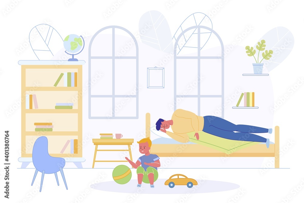 Fototapeta premium Father Sleeping on Bed in Children Room near Son.